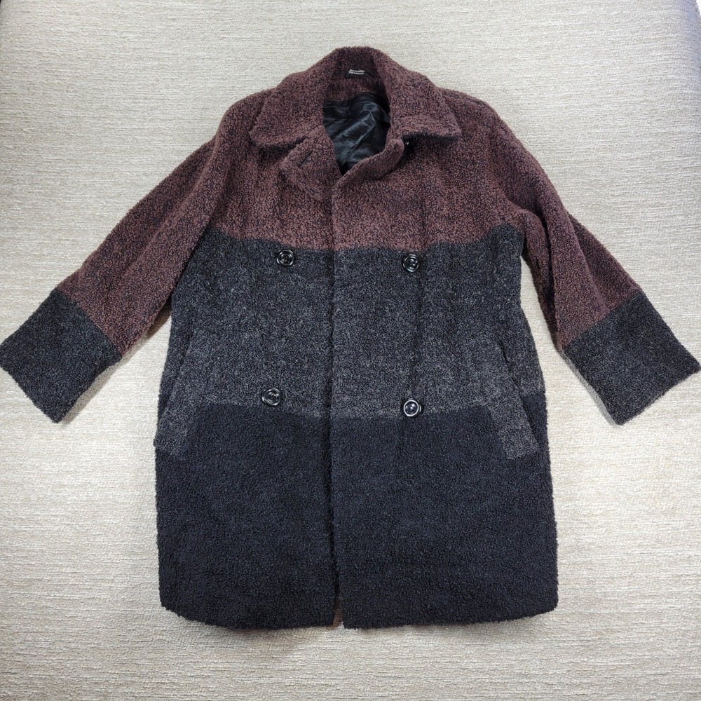 Utex Design Curly Wool Blend Coat Size 4 Brown Black Color Block Double Breasted